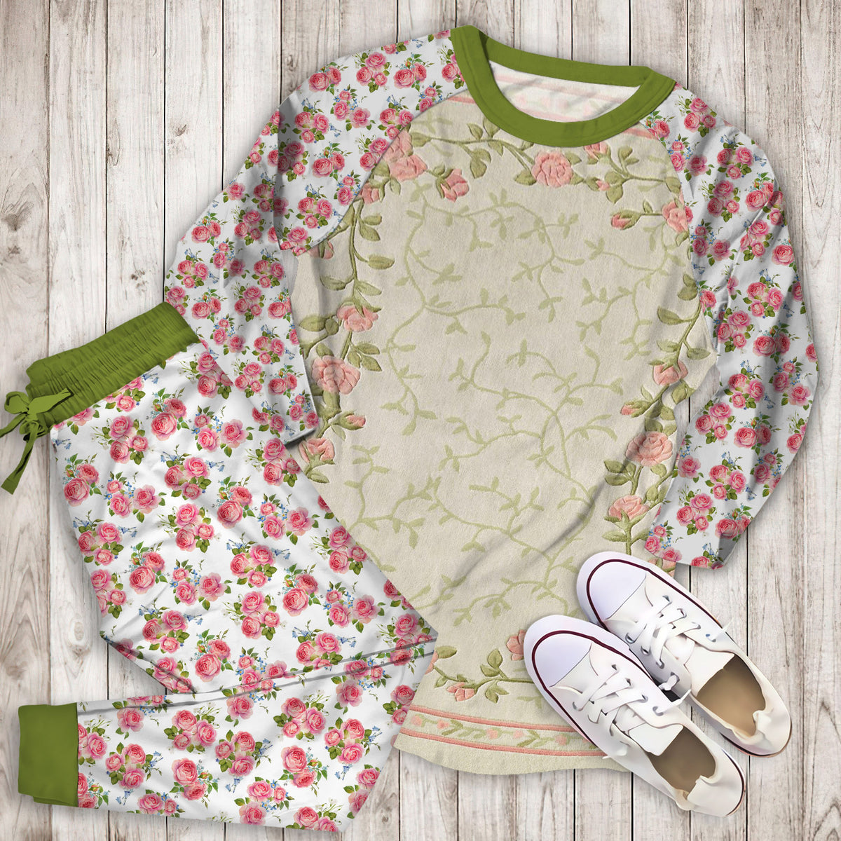 Blush Bloom Roses Floral Pajama Set | Pajamas | Cotton Sleepwear Sets | Soft Long Sleeve Pjs | Raglan Shirt and Pants Set