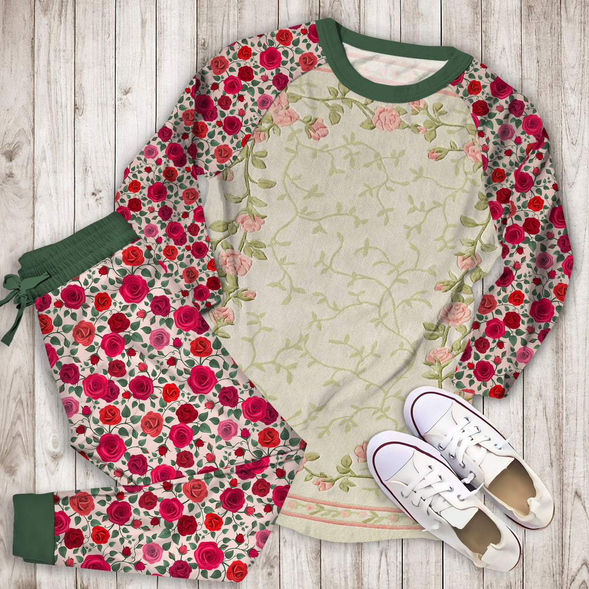 Blush Bloom Roses Floral Pajama Set | Pajamas | Cotton Sleepwear Sets | Soft Long Sleeve Pjs | Raglan Shirt and Pants Set