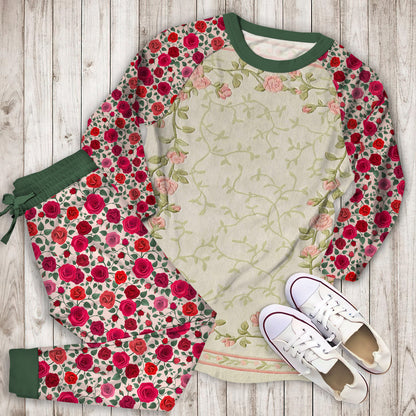 Blush Bloom Roses Floral Pajama Set | Pajamas | Cotton Sleepwear Sets | Soft Long Sleeve Pjs | Raglan Shirt and Pants Set