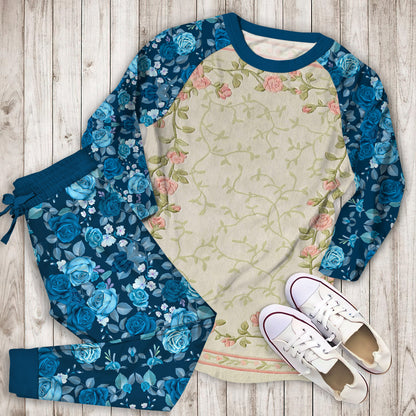 Blush Bloom Roses Floral Pajama Set | Pajamas | Cotton Sleepwear Sets | Soft Long Sleeve Pjs | Raglan Shirt and Pants Set