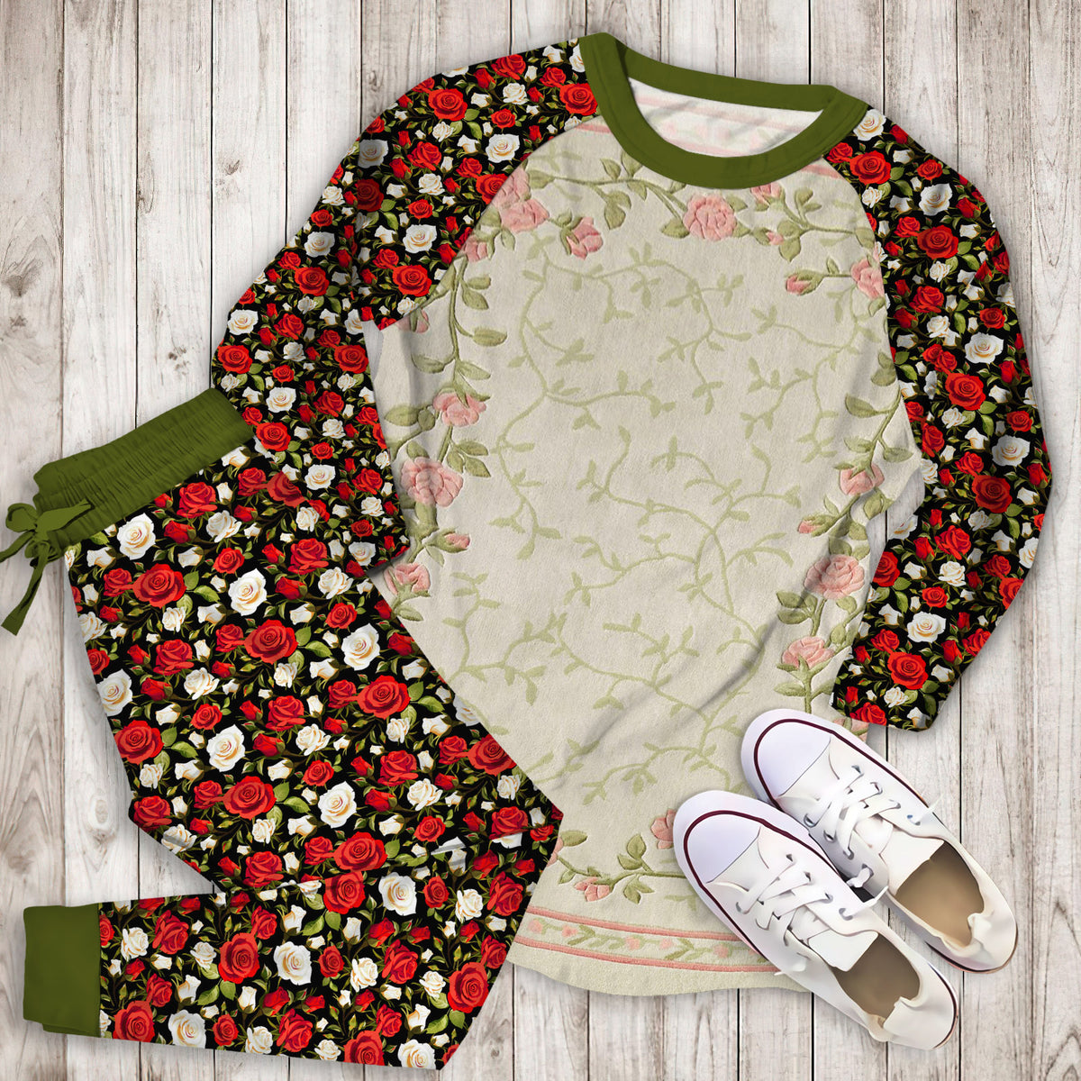 Blush Bloom Roses Floral Pajama Set | Pajamas | Cotton Sleepwear Sets | Soft Long Sleeve Pjs | Raglan Shirt and Pants Set