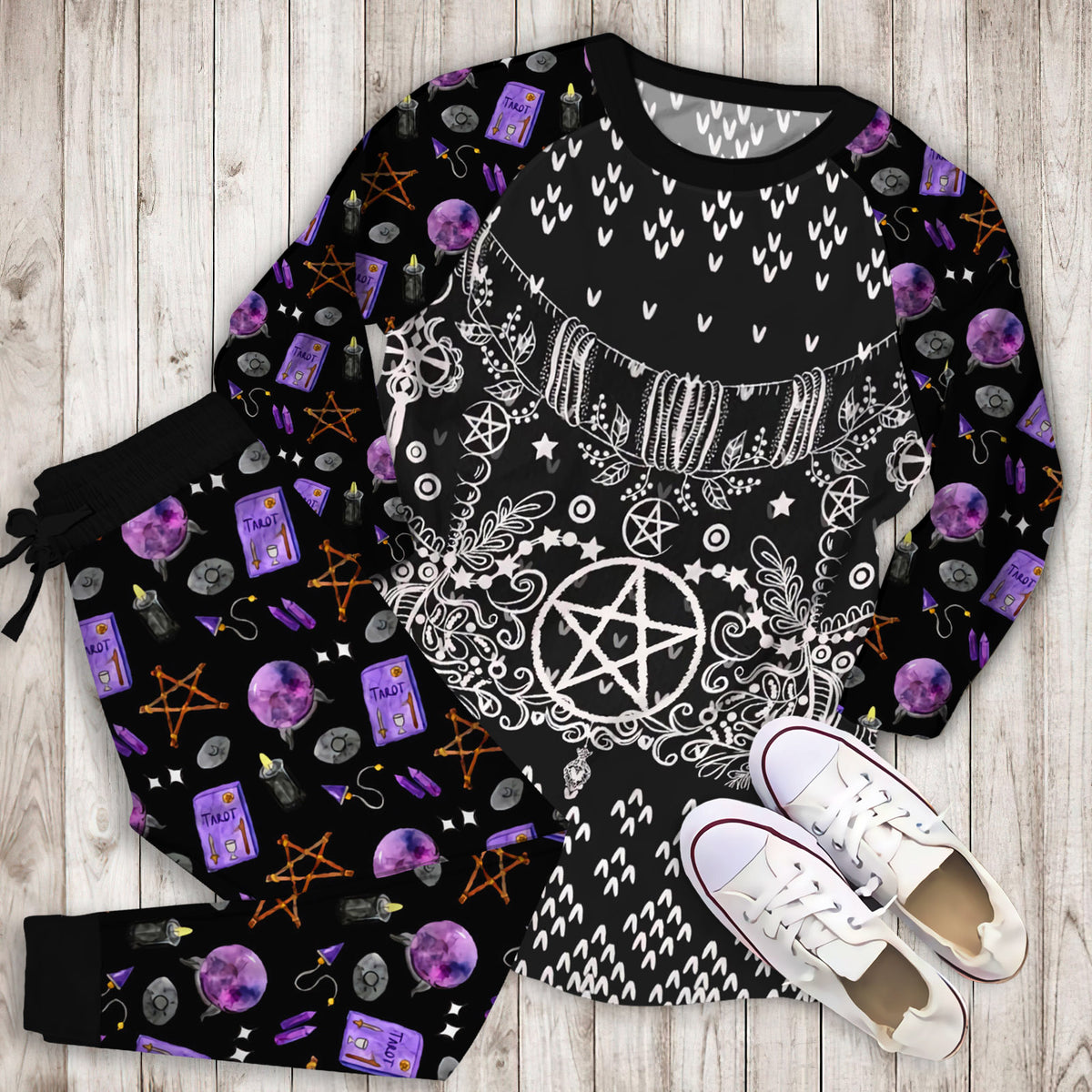 Wicca Blessed Yule Pajama Set | Pajamas | Cotton Sleepwear Sets | Soft Long Sleeve Pjs | Raglan Shirt and Pants Set