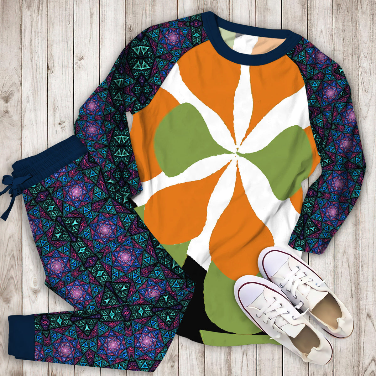 Mid Century Art Pajama Set | Pajamas | Cotton Sleepwear Sets | Soft Long Sleeve Pjs | Raglan Shirt and Pants Set