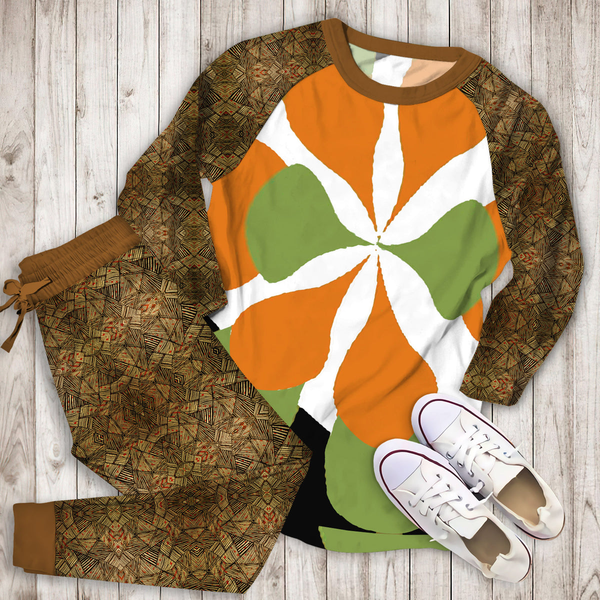 Mid Century Art Pajama Set | Pajamas | Cotton Sleepwear Sets | Soft Long Sleeve Pjs | Raglan Shirt and Pants Set