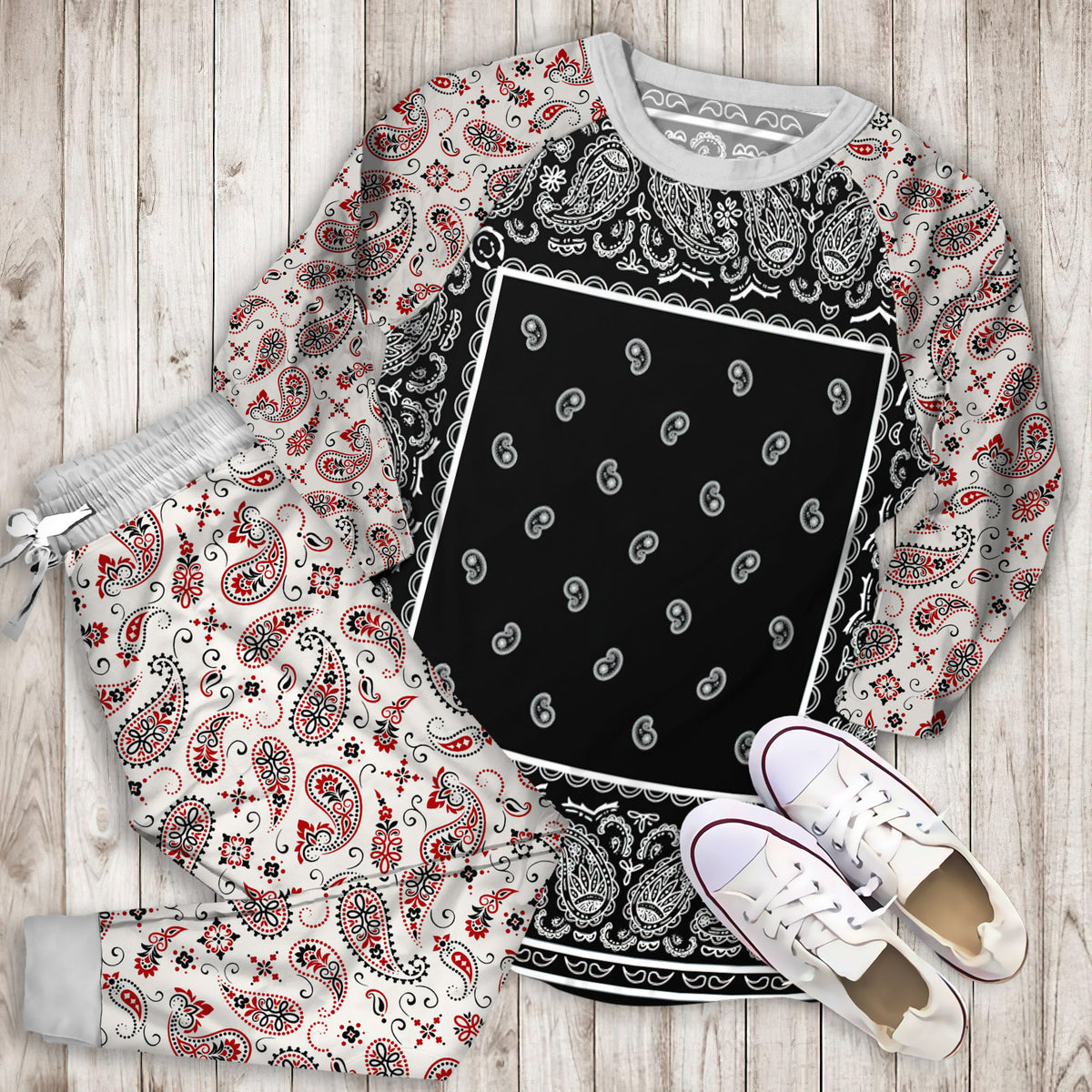 Black And White Bandana Pajama Set |Sleepwear Pjs Sets | Raglan Shirt Pants Set