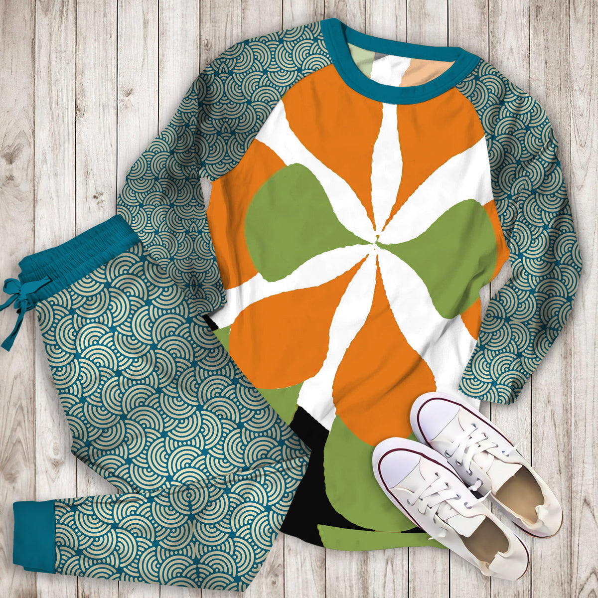 Mid Century Art Pajama Set | Pajamas | Cotton Sleepwear Sets | Soft Long Sleeve Pjs | Raglan Shirt and Pants Set