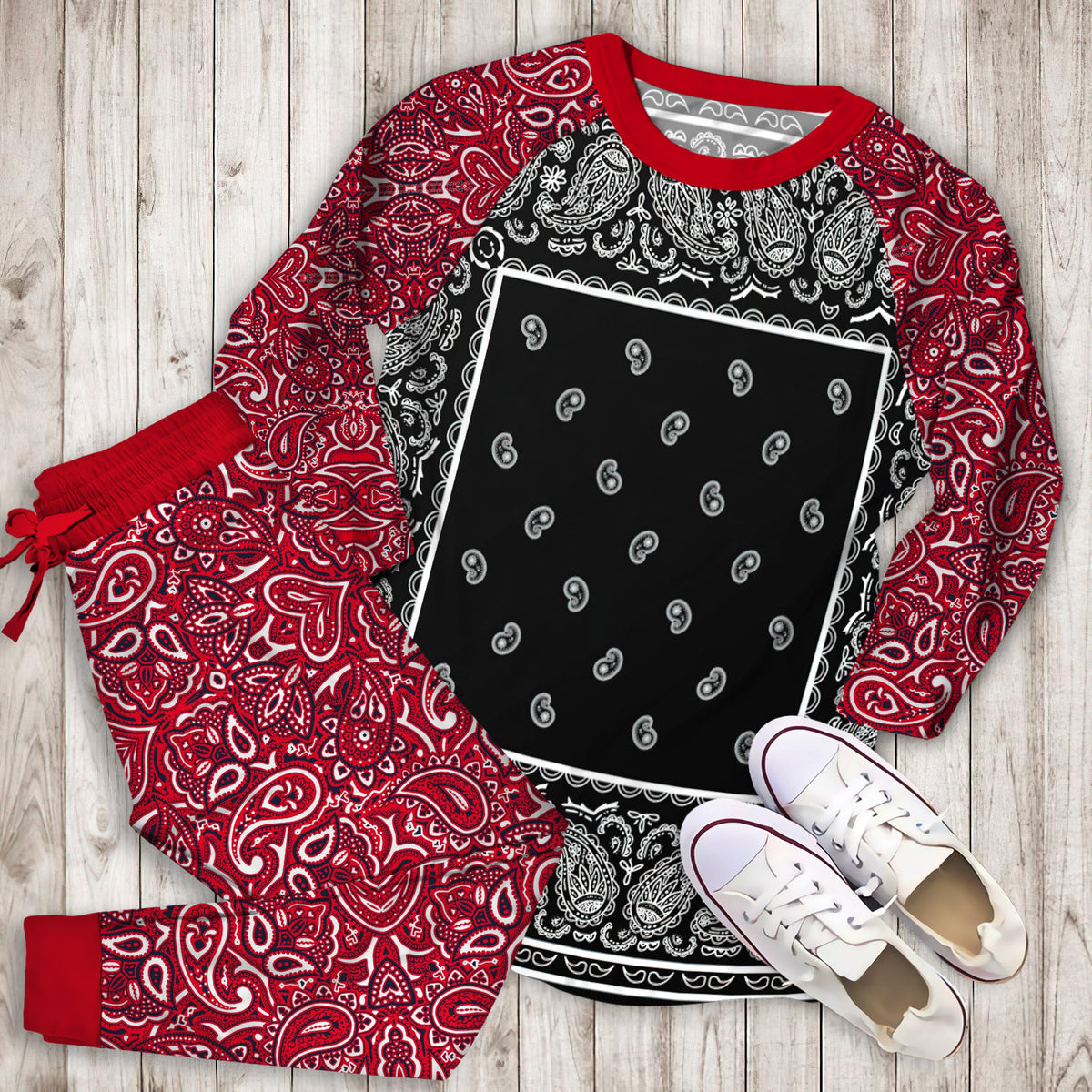 Black And White Bandana Pajama Set |Sleepwear Pjs Sets | Raglan Shirt Pants Set