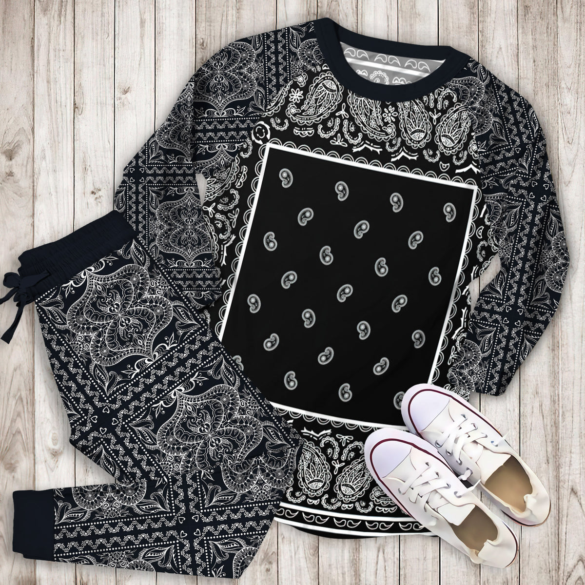 Black And White Bandana Pajama Set |Sleepwear Pjs Sets | Raglan Shirt Pants Set