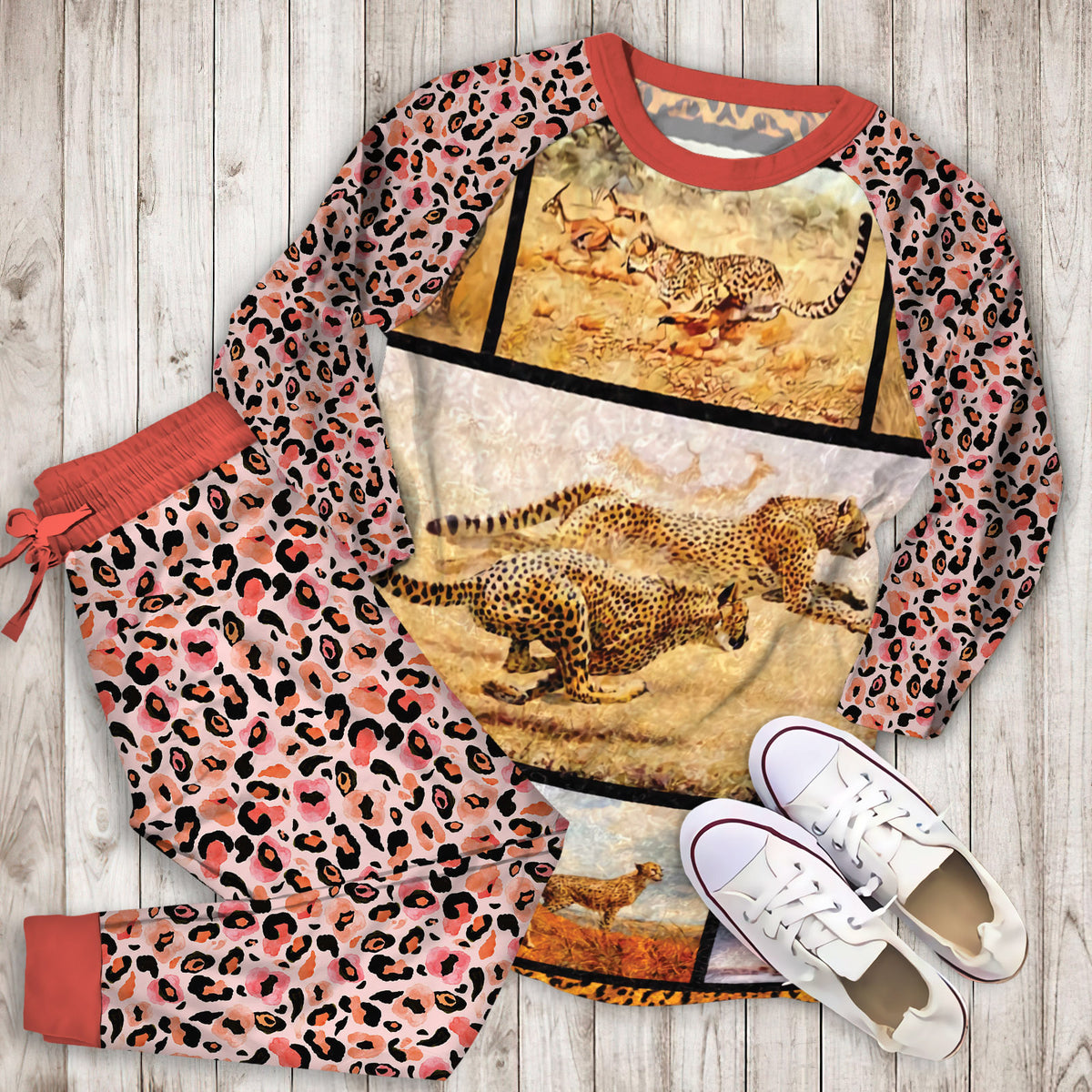 Cheetah Pajama Set |Sleepwear Pjs Sets | Raglan Shirt Pants Set