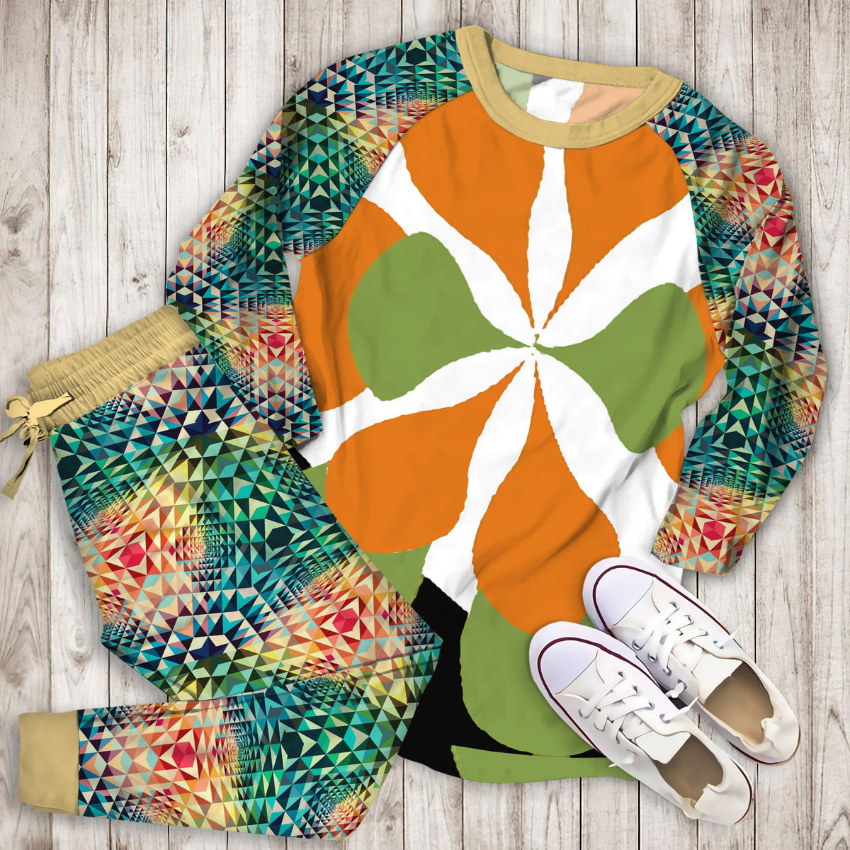 Mid Century Art Pajama Set | Pajamas | Cotton Sleepwear Sets | Soft Long Sleeve Pjs | Raglan Shirt and Pants Set