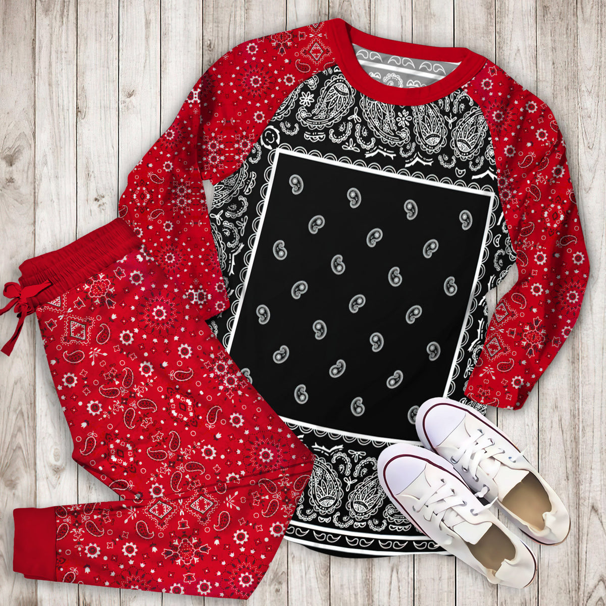 Black And White Bandana Pajama Set |Sleepwear Pjs Sets | Raglan Shirt Pants Set