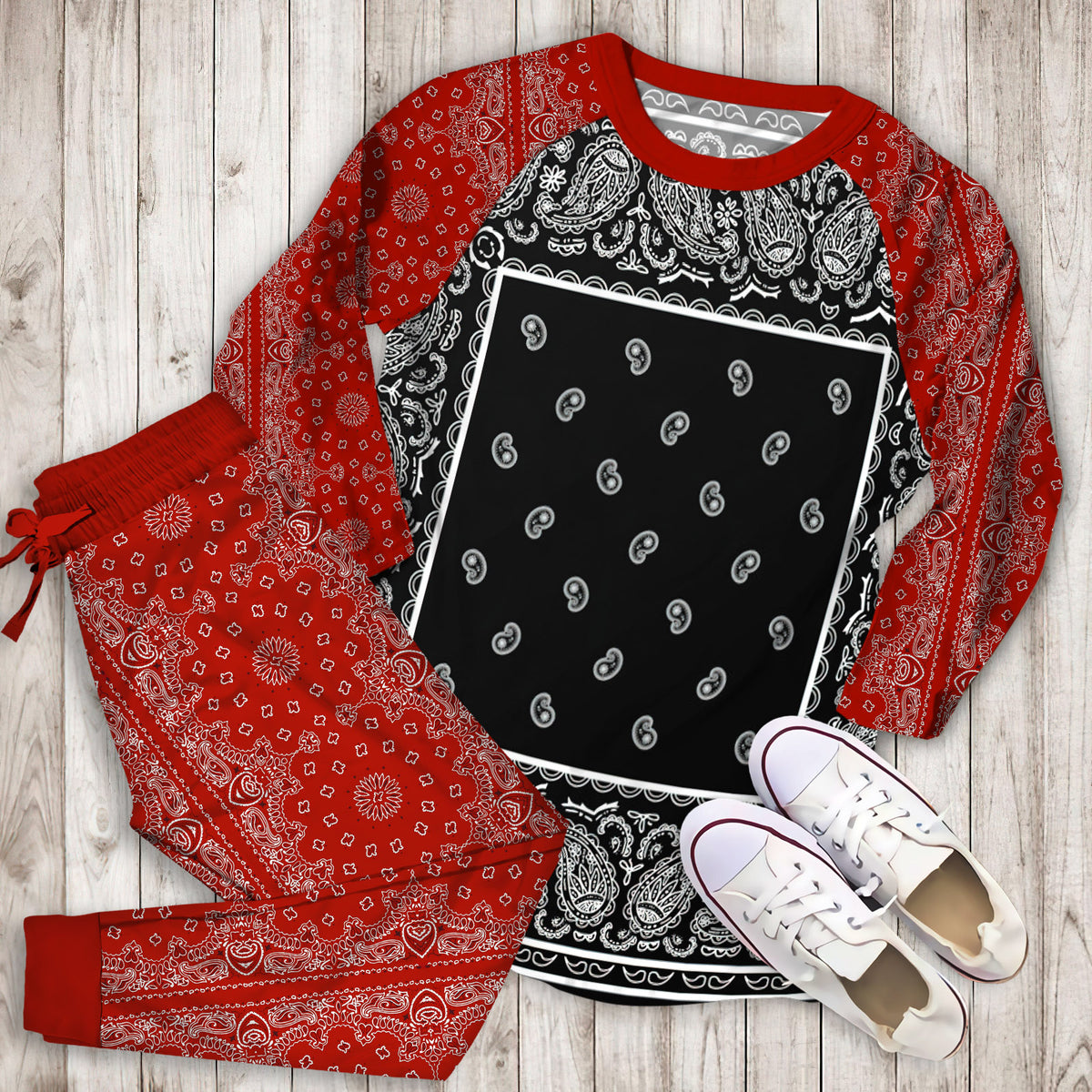 Black And White Bandana Pajama Set |Sleepwear Pjs Sets | Raglan Shirt Pants Set