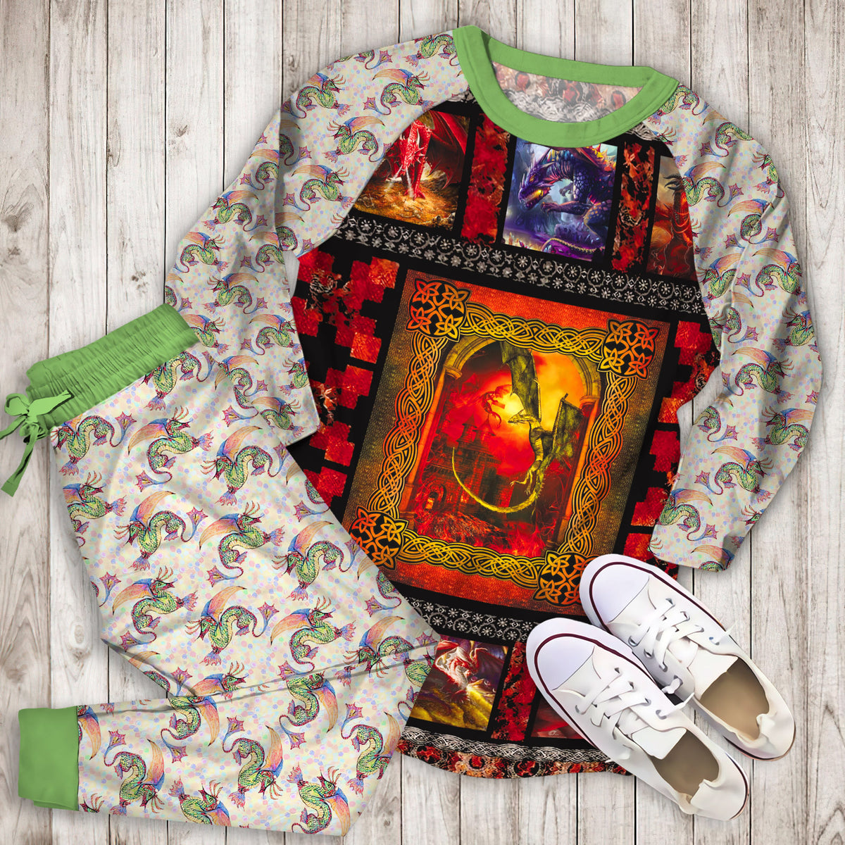 Dragon Pajama Set | Pajamas | Cotton Sleepwear Sets | Soft Long Sleeve Pjs | Raglan Shirt and Pants Set