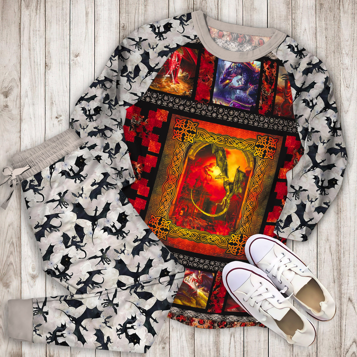 Dragon Pajama Set | Pajamas | Cotton Sleepwear Sets | Soft Long Sleeve Pjs | Raglan Shirt and Pants Set