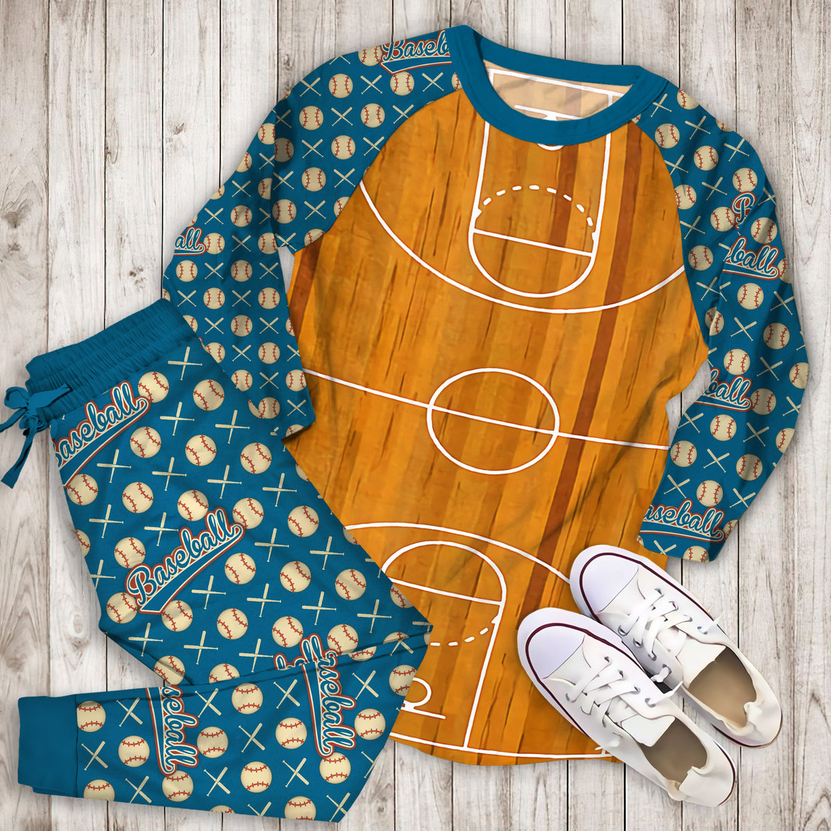 Mohawk Prismatic Basketball Court Brown Pajama Set | Pajamas | Cotton Sleepwear Sets | Soft Long Sleeve Pjs | Raglan Shirt and Pants Set