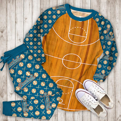 Mohawk Prismatic Basketball Court Brown Pajama Set | Pajamas | Cotton Sleepwear Sets | Soft Long Sleeve Pjs | Raglan Shirt and Pants Set