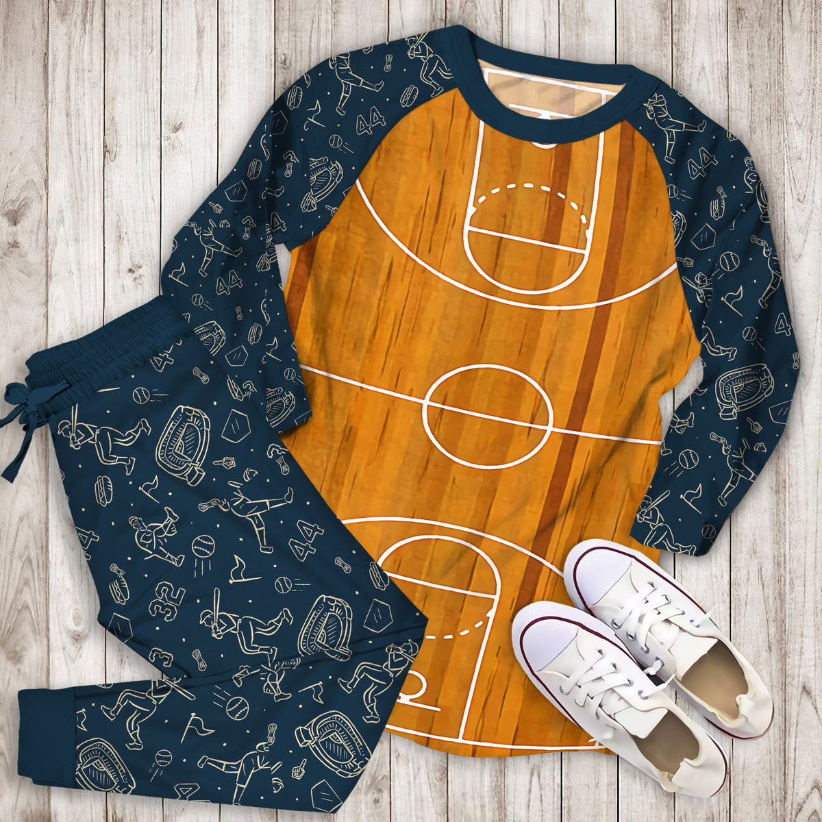 Mohawk Prismatic Basketball Court Brown Pajama Set | Pajamas | Cotton Sleepwear Sets | Soft Long Sleeve Pjs | Raglan Shirt and Pants Set