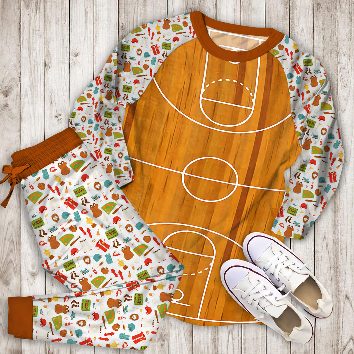 Mohawk Prismatic Basketball Court Brown Pajama Set | Pajamas | Cotton Sleepwear Sets | Soft Long Sleeve Pjs | Raglan Shirt and Pants Set