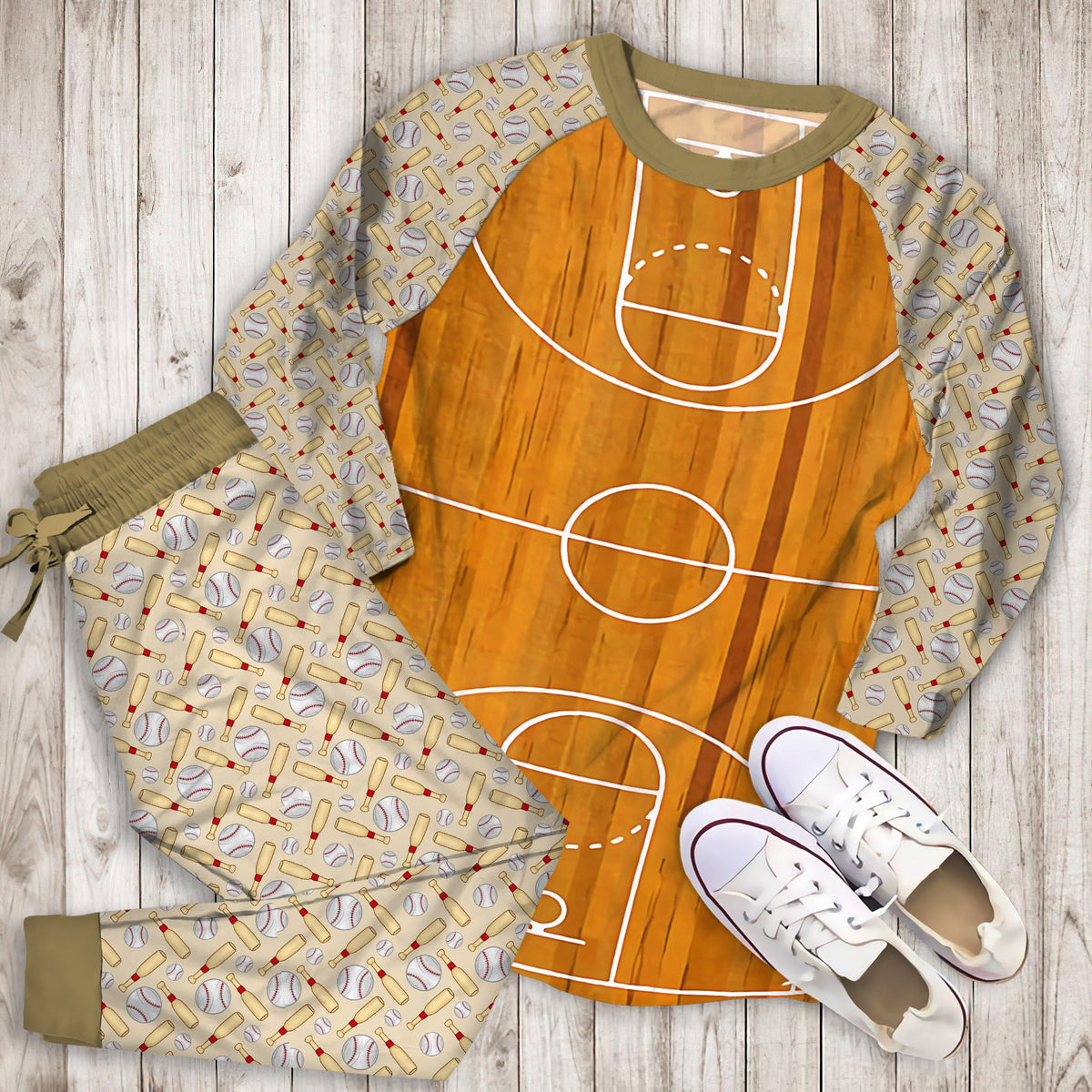 Mohawk Prismatic Basketball Court Brown Pajama Set | Pajamas | Cotton Sleepwear Sets | Soft Long Sleeve Pjs | Raglan Shirt and Pants Set