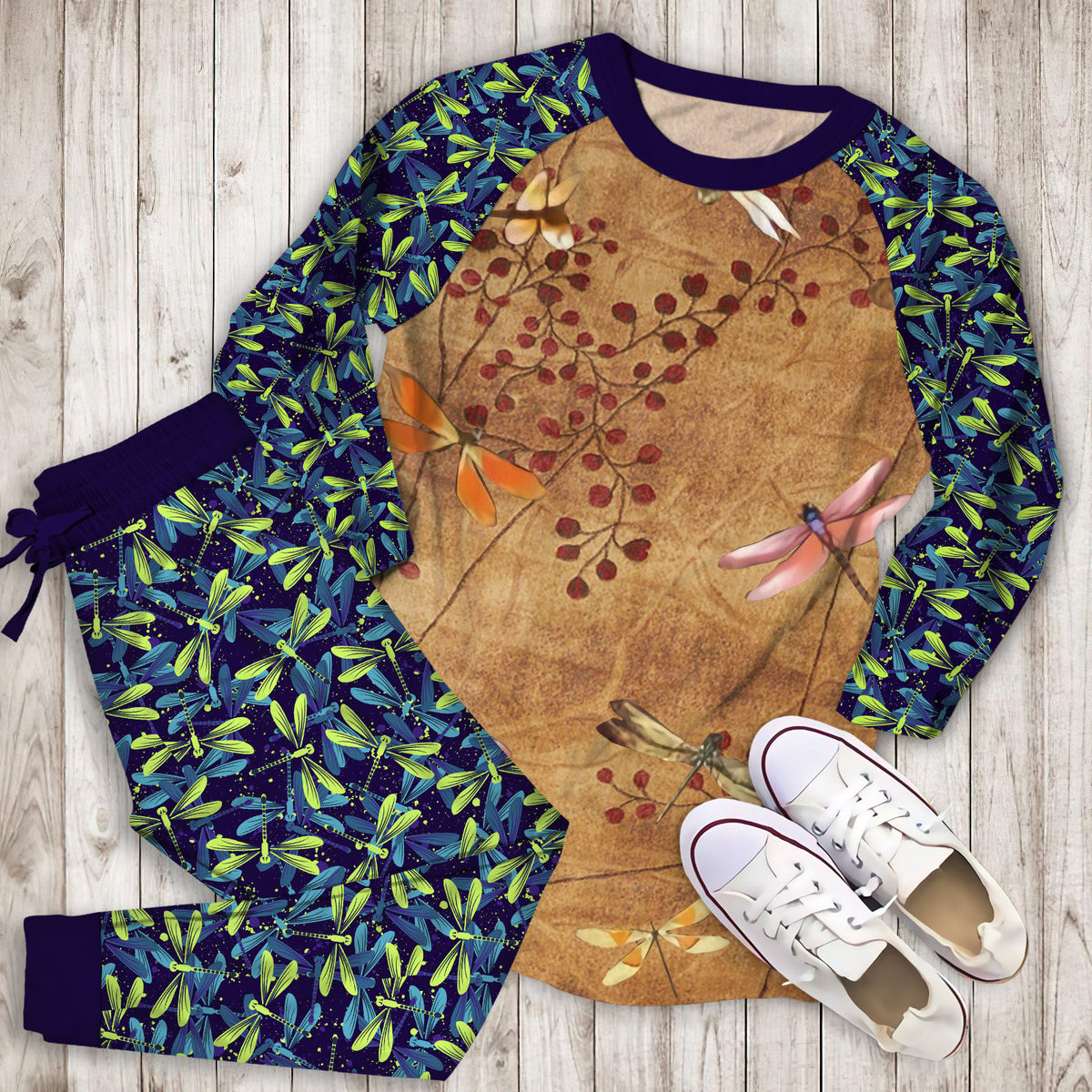 Dragonfly Pajama Set | Pajamas | Cotton Sleepwear Sets | Soft Long Sleeve Pjs | Raglan Shirt and Pants Set