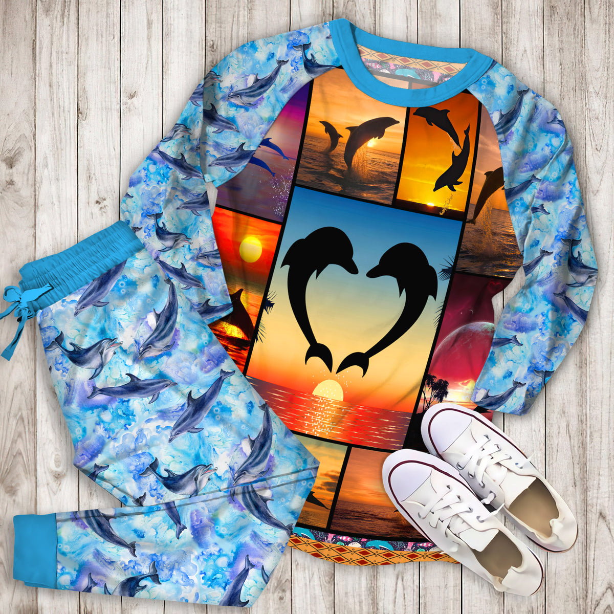 Dolphins Pajama Set | Pajamas | Cotton Sleepwear Sets | Soft Long Sleeve Pjs | Raglan Shirt and Pants Set