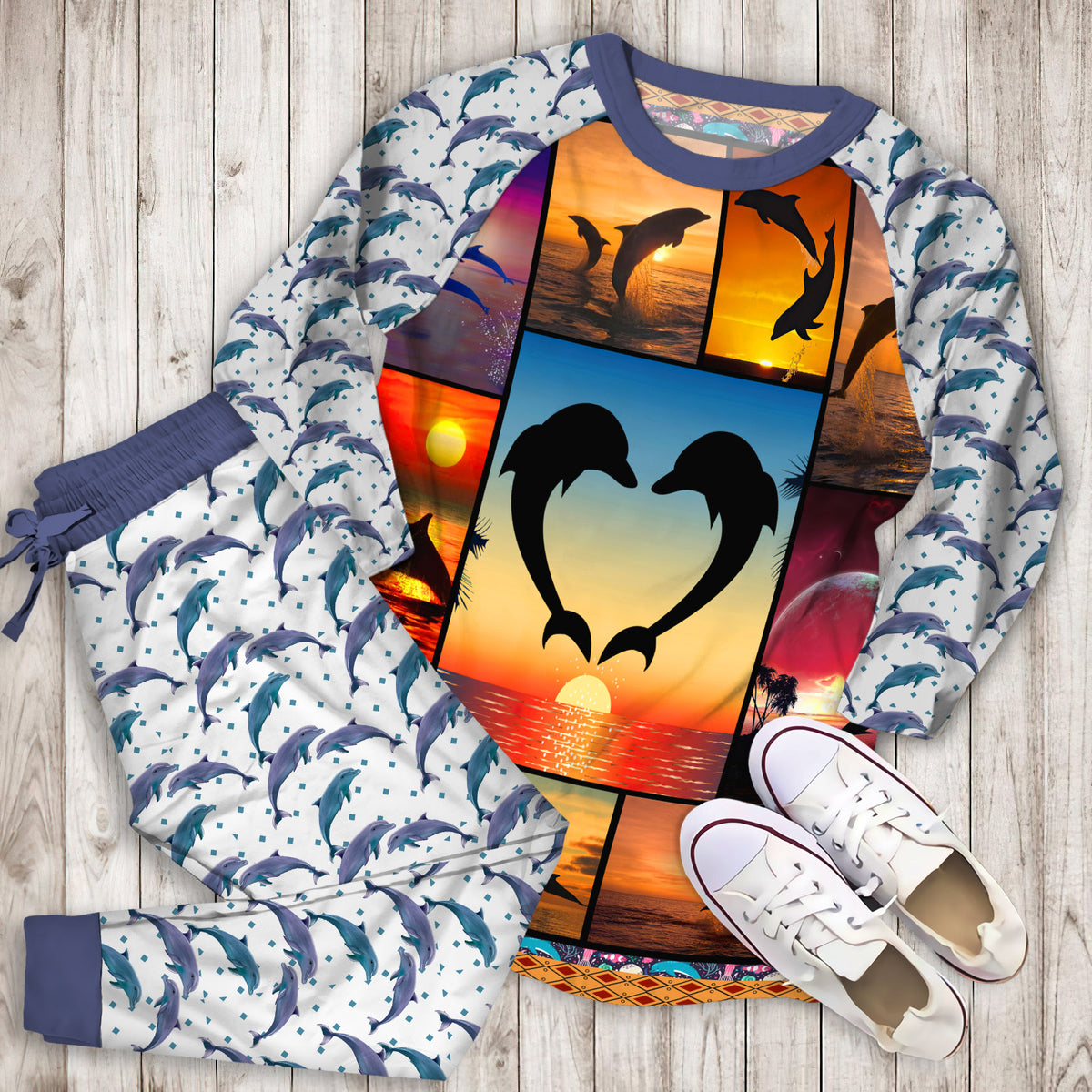 Dolphins Pajama Set | Pajamas | Cotton Sleepwear Sets | Soft Long Sleeve Pjs | Raglan Shirt and Pants Set
