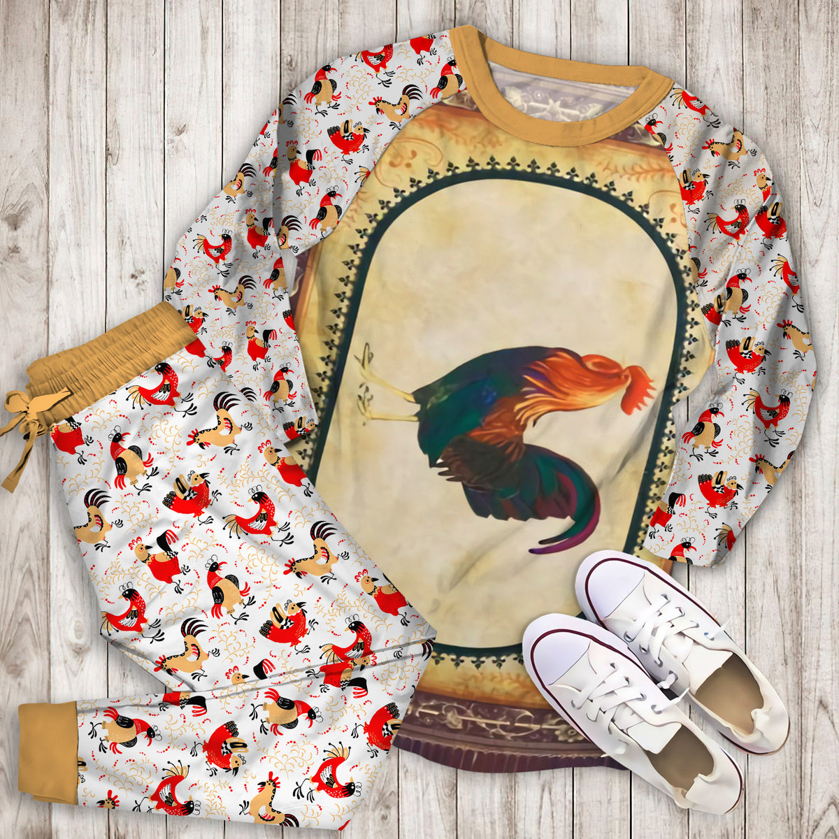 Rooster Pajama Set | Pajamas | Cotton Sleepwear Sets | Soft Long Sleeve Pjs | Raglan Shirt and Pants Set