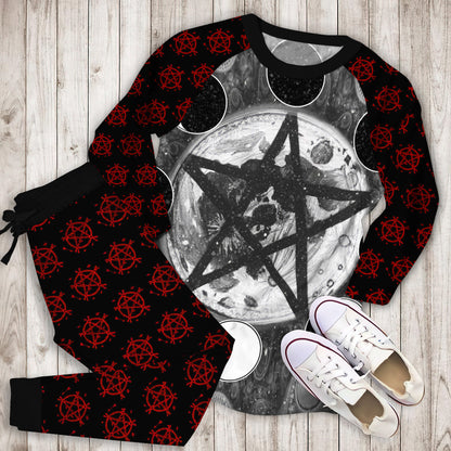 Wicca Pentagram Moon Pajama Set |Sleepwear Pjs Sets | Raglan Shirt Pants Set