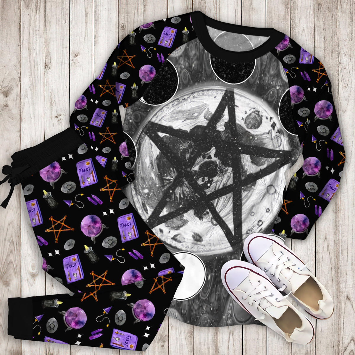 Wicca Pentagram Moon Pajama Set |Sleepwear Pjs Sets | Raglan Shirt Pants Set