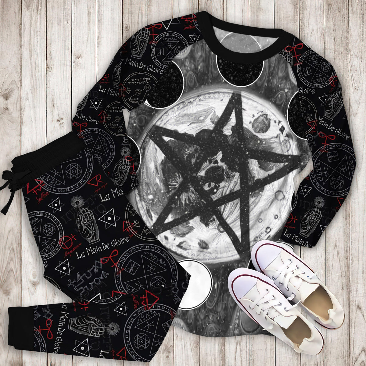 Wicca Pentagram Moon Pajama Set |Sleepwear Pjs Sets | Raglan Shirt Pants Set