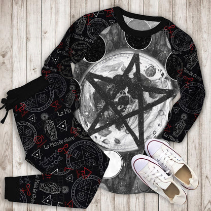 Wicca Pentagram Moon Pajama Set |Sleepwear Pjs Sets | Raglan Shirt Pants Set