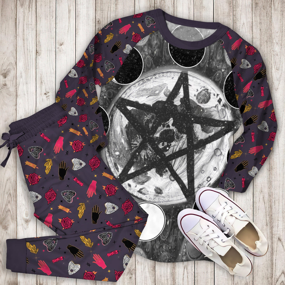 Wicca Pentagram Moon Pajama Set |Sleepwear Pjs Sets | Raglan Shirt Pants Set