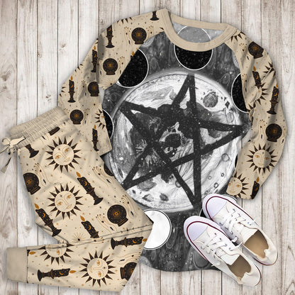 Wicca Pentagram Moon Pajama Set |Sleepwear Pjs Sets | Raglan Shirt Pants Set