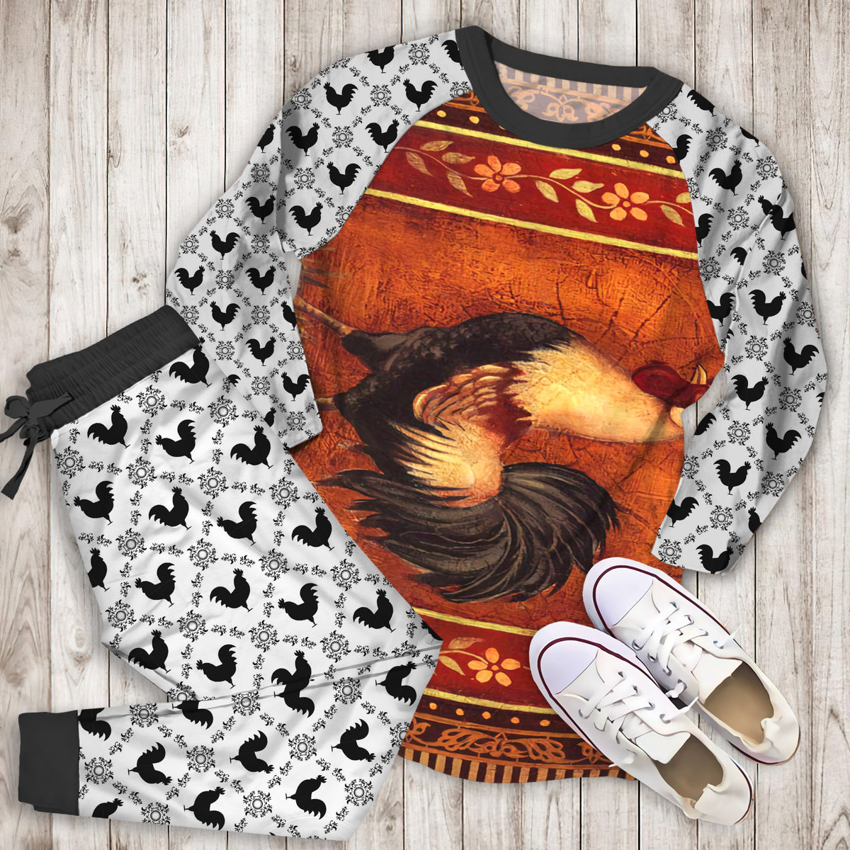 Rustic Rooster Pajama Set | Pajamas | Cotton Sleepwear Sets | Soft Long Sleeve Pjs | Raglan Shirt and Pants Set