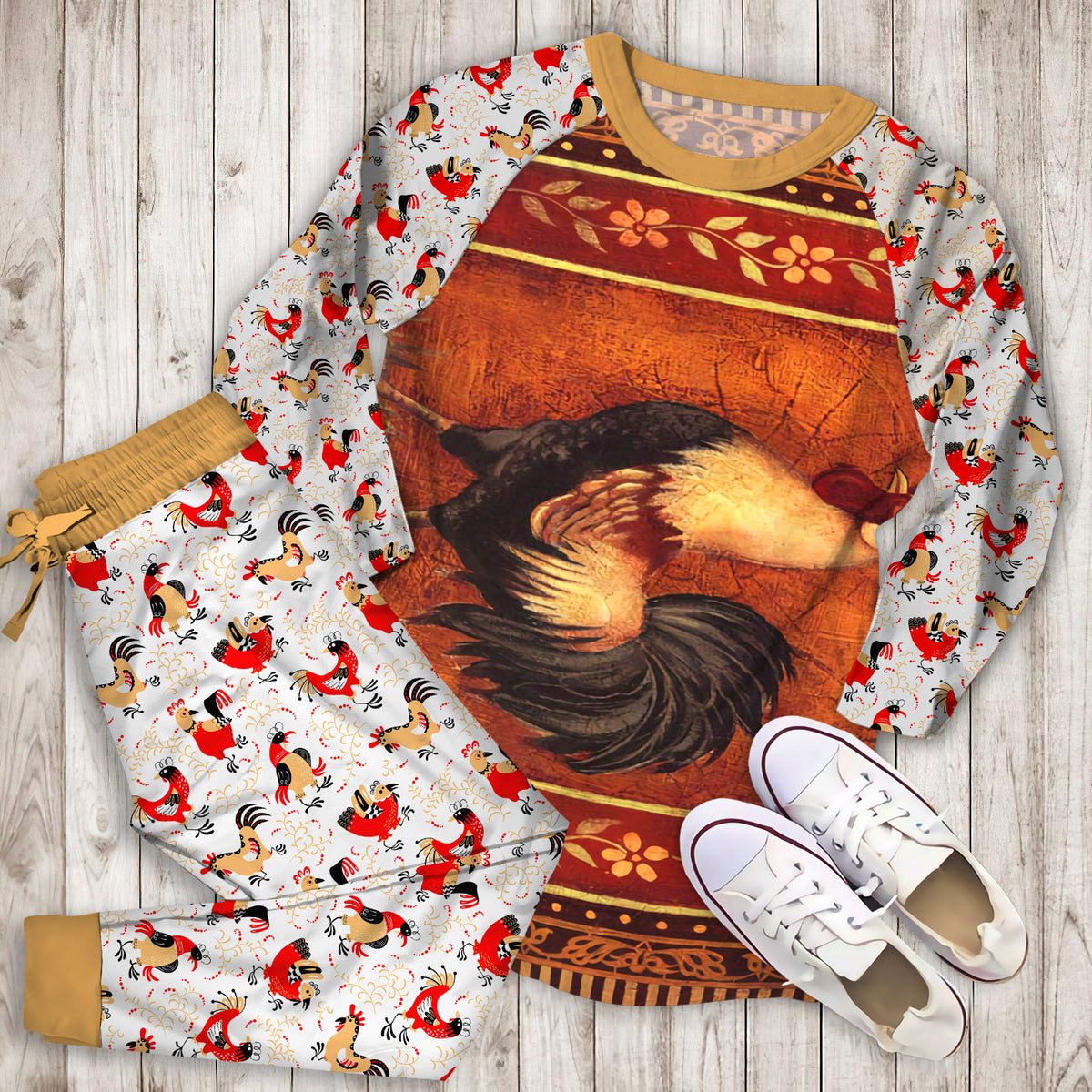 Rustic Rooster Pajama Set | Pajamas | Cotton Sleepwear Sets | Soft Long Sleeve Pjs | Raglan Shirt and Pants Set