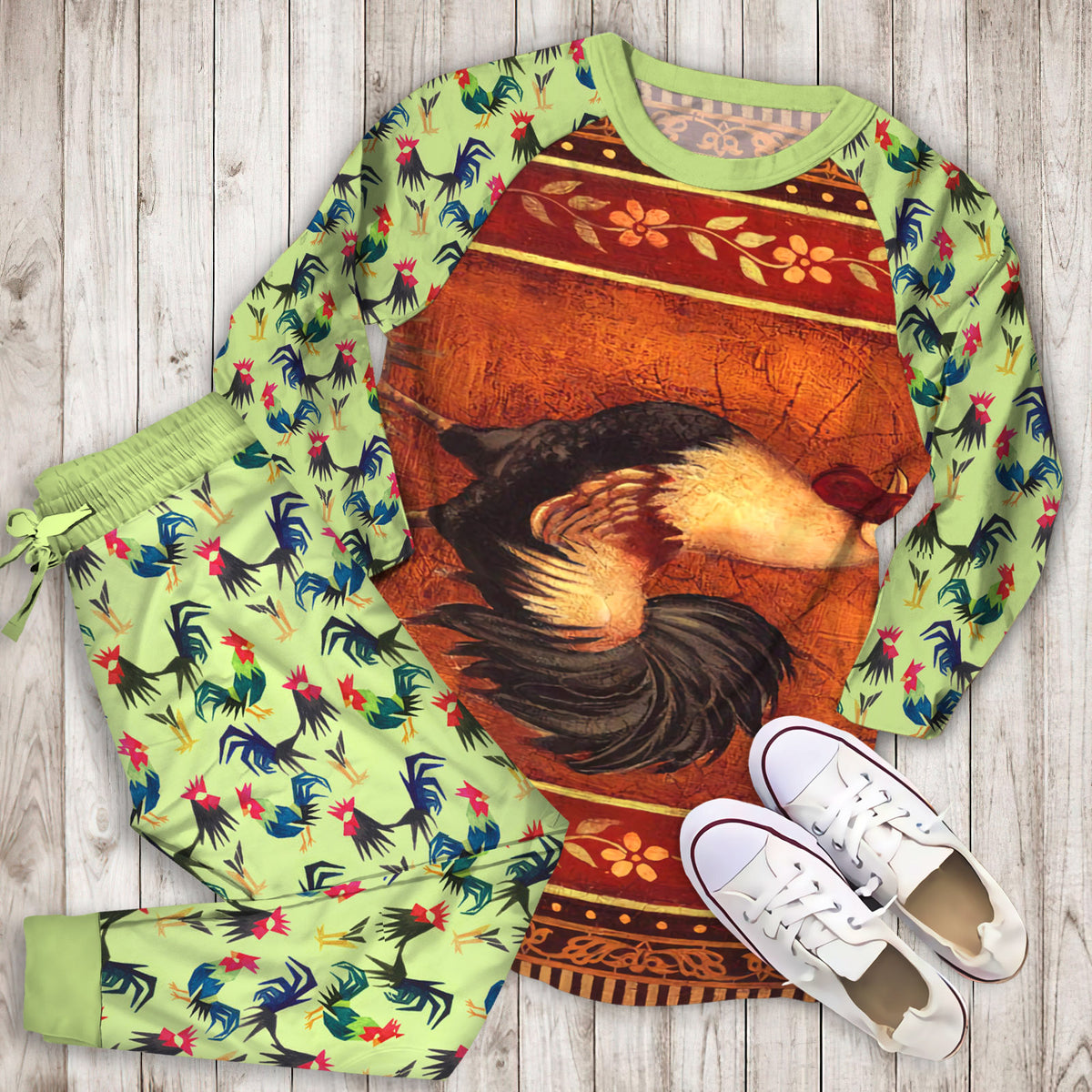 Rustic Rooster Pajama Set | Pajamas | Cotton Sleepwear Sets | Soft Long Sleeve Pjs | Raglan Shirt and Pants Set
