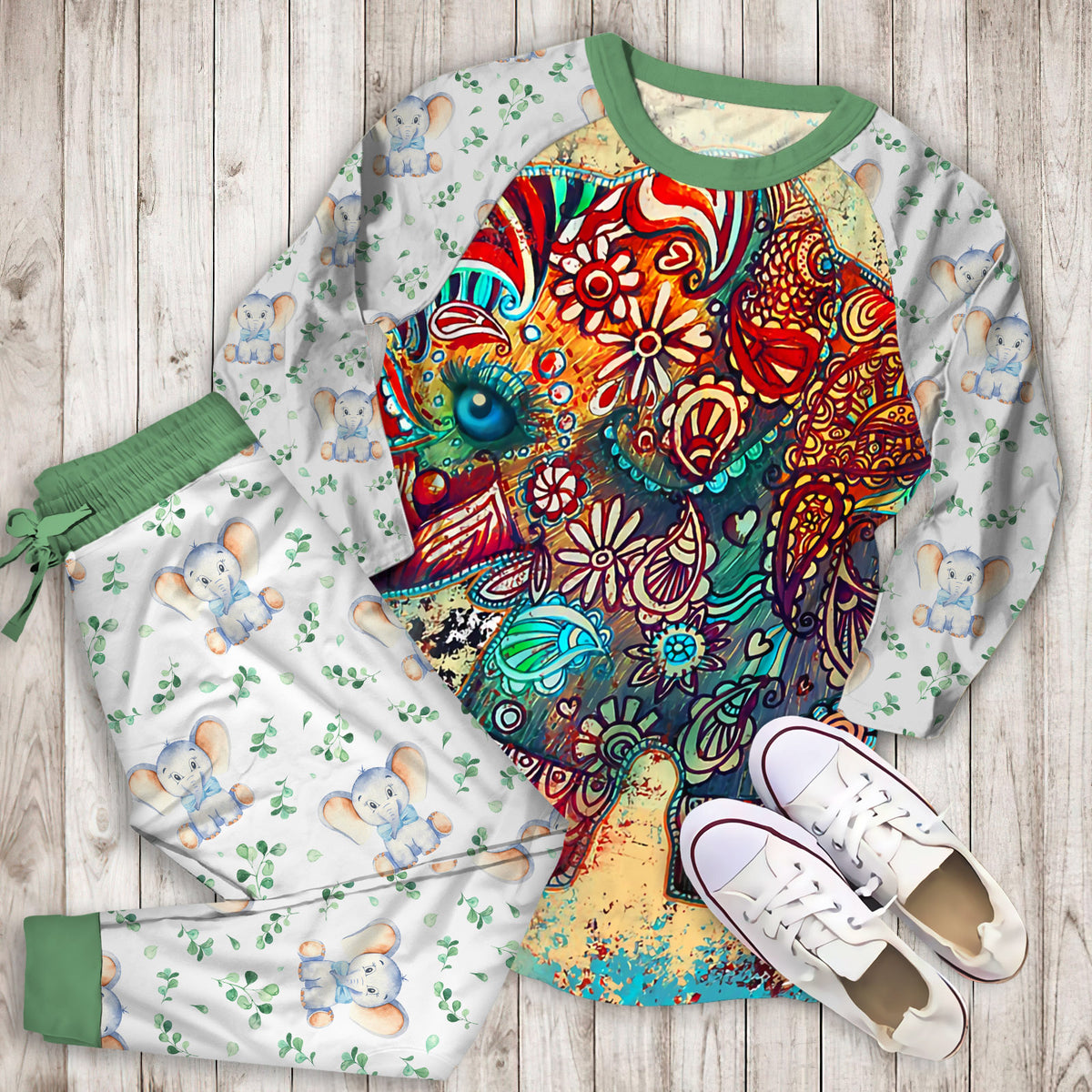Elephant Pajama Set | Pajamas | Cotton Sleepwear Sets | Soft Long Sleeve Pjs | Raglan Shirt and Pants Set
