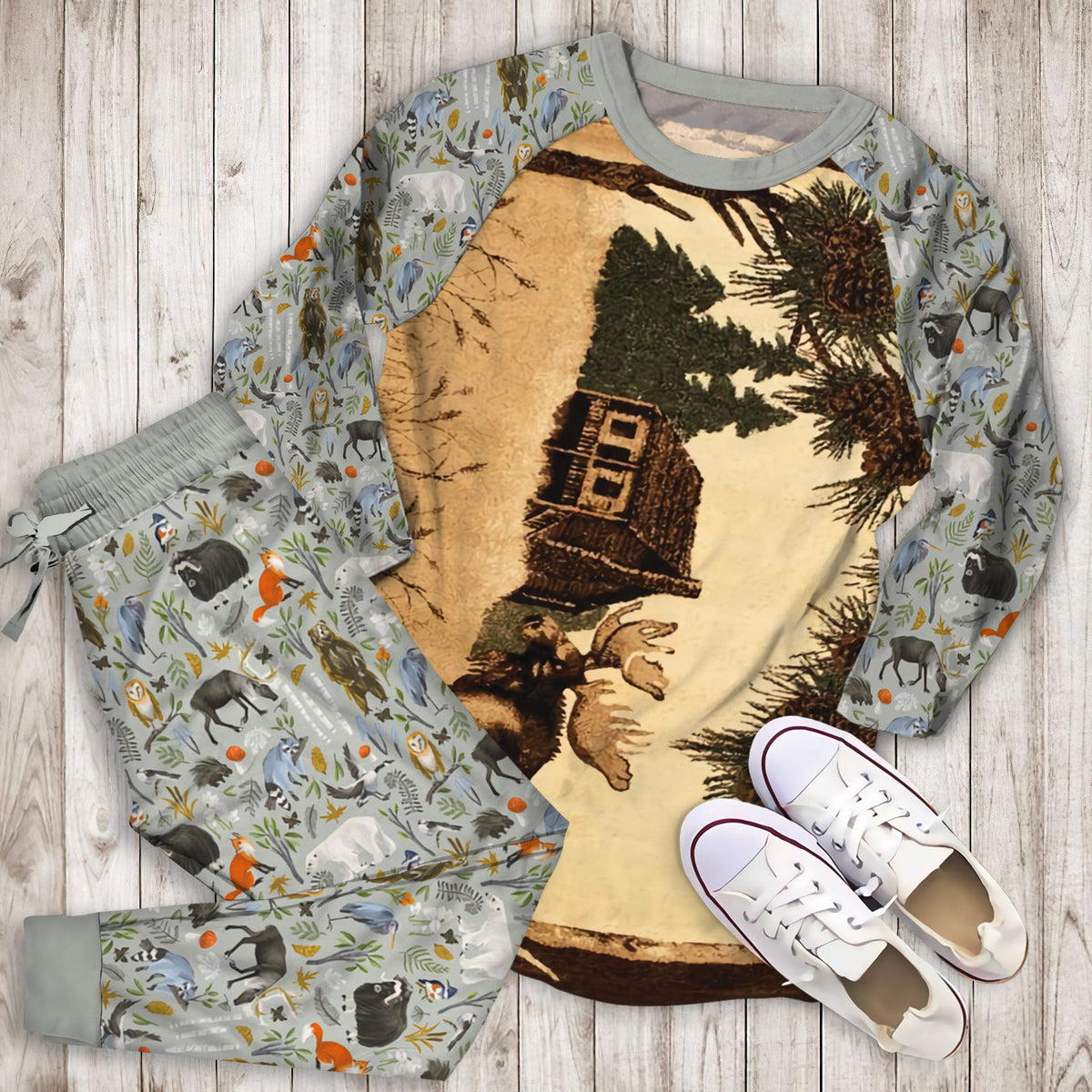 Wildlife Moose Pajama Set |Sleepwear Pjs Sets | Raglan Shirt Pants Set