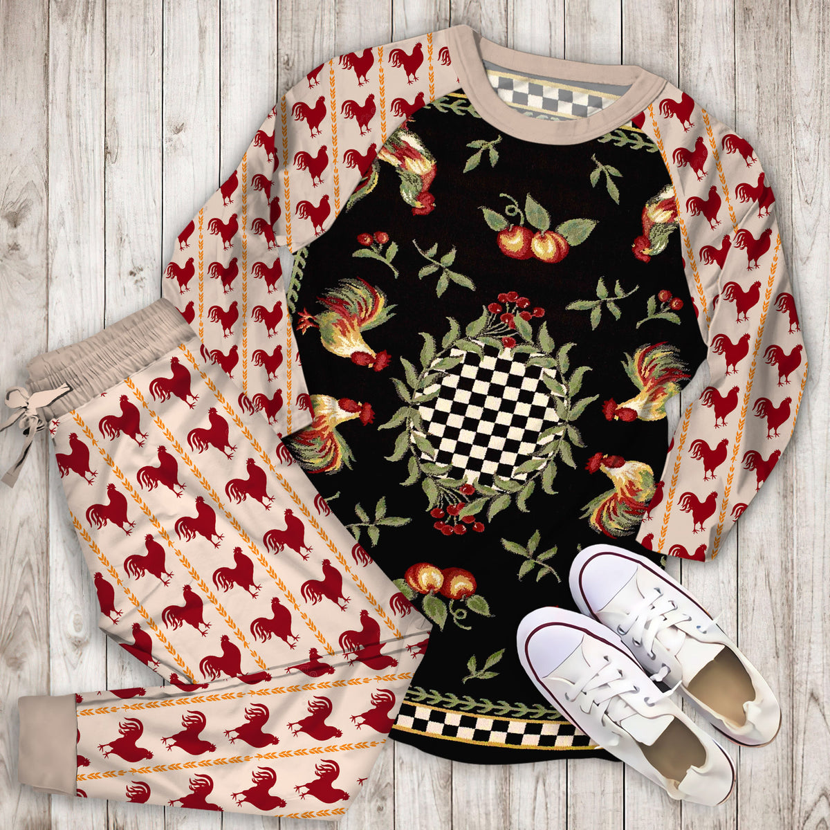 Rooster Chicken Pajama Set | Pajamas | Cotton Sleepwear Sets | Soft Long Sleeve Pjs | Raglan Shirt and Pants Set