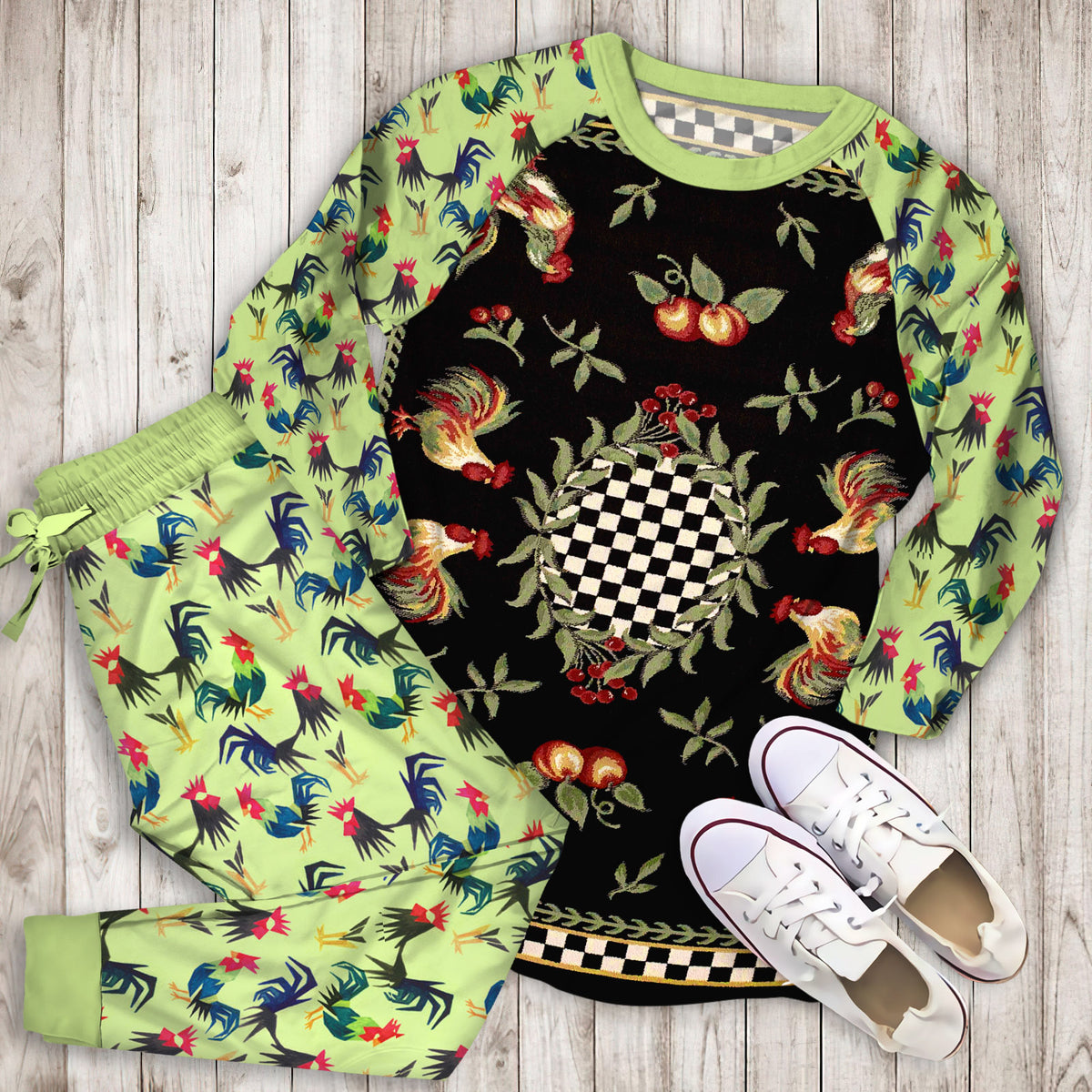Rooster Chicken Pajama Set | Pajamas | Cotton Sleepwear Sets | Soft Long Sleeve Pjs | Raglan Shirt and Pants Set