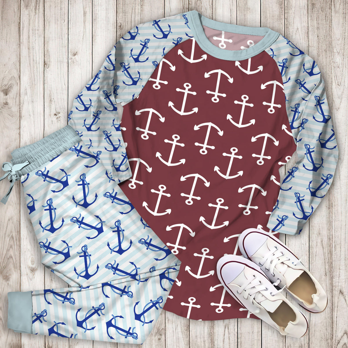 Anchor Pajama Set | Pajamas | Cotton Sleepwear Sets | Soft Long Sleeve Pjs | Raglan Shirt and Pants Set