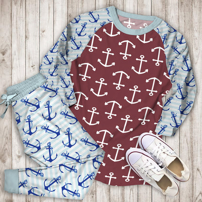 Anchor Pajama Set | Pajamas | Cotton Sleepwear Sets | Soft Long Sleeve Pjs | Raglan Shirt and Pants Set