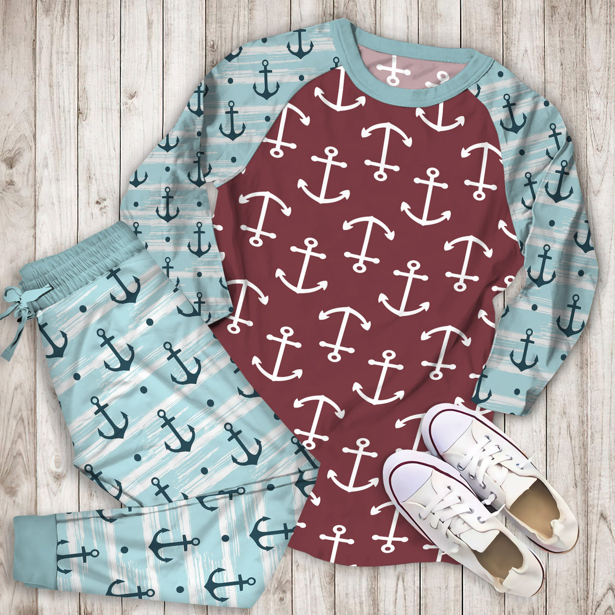 Anchor Pajama Set | Pajamas | Cotton Sleepwear Sets | Soft Long Sleeve Pjs | Raglan Shirt and Pants Set
