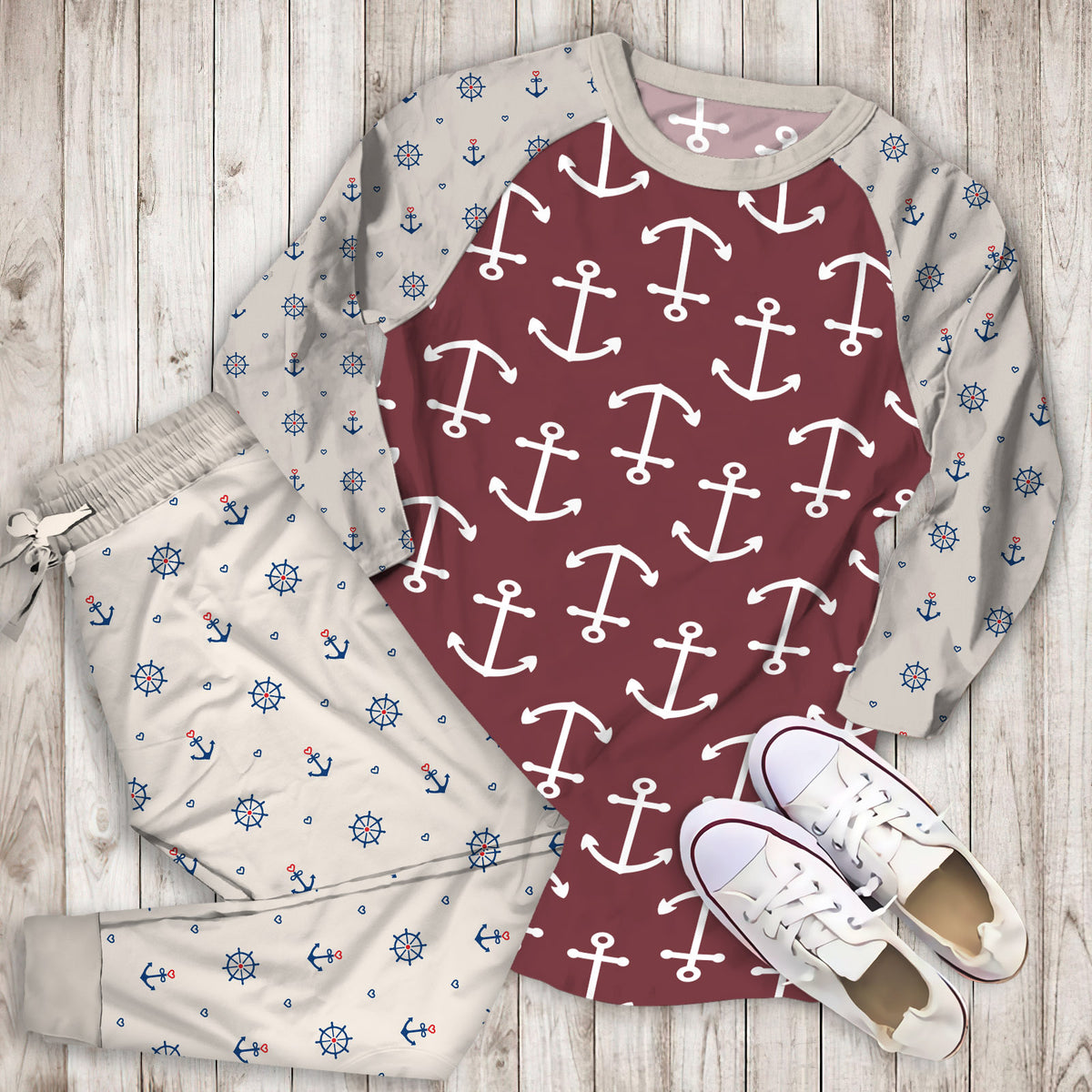 Anchor Pajama Set | Pajamas | Cotton Sleepwear Sets | Soft Long Sleeve Pjs | Raglan Shirt and Pants Set