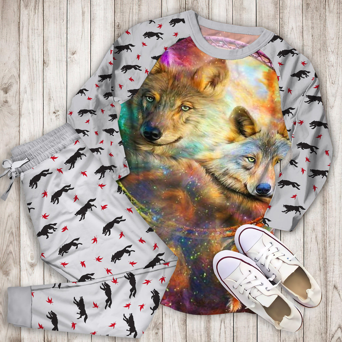 Wolf Dreamcatcher Pajama Set | Pajamas | Cotton Sleepwear Sets | Soft Long Sleeve Pjs | Raglan Shirt and Pants Set