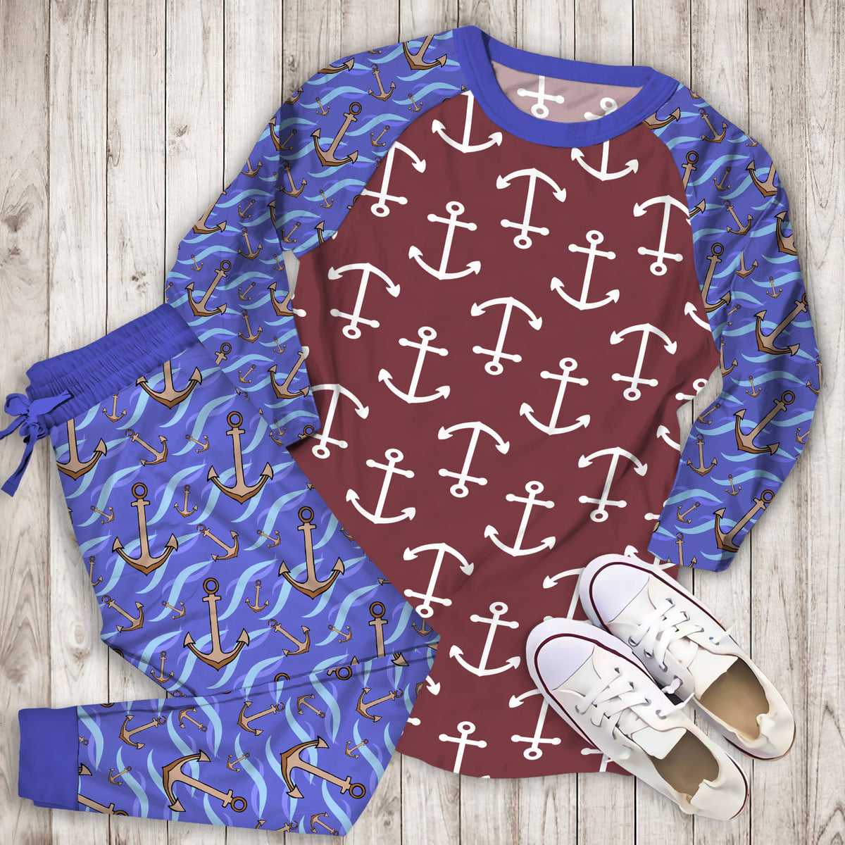 Anchor Pajama Set | Pajamas | Cotton Sleepwear Sets | Soft Long Sleeve Pjs | Raglan Shirt and Pants Set