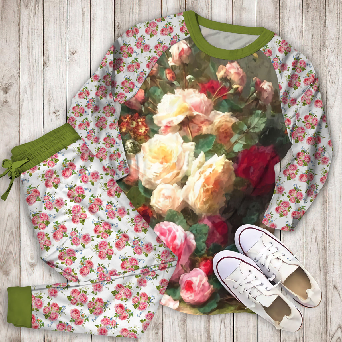 Rose Pajama Set | Pajamas | Cotton Sleepwear Sets | Soft Long Sleeve Pjs | Raglan Shirt and Pants Set