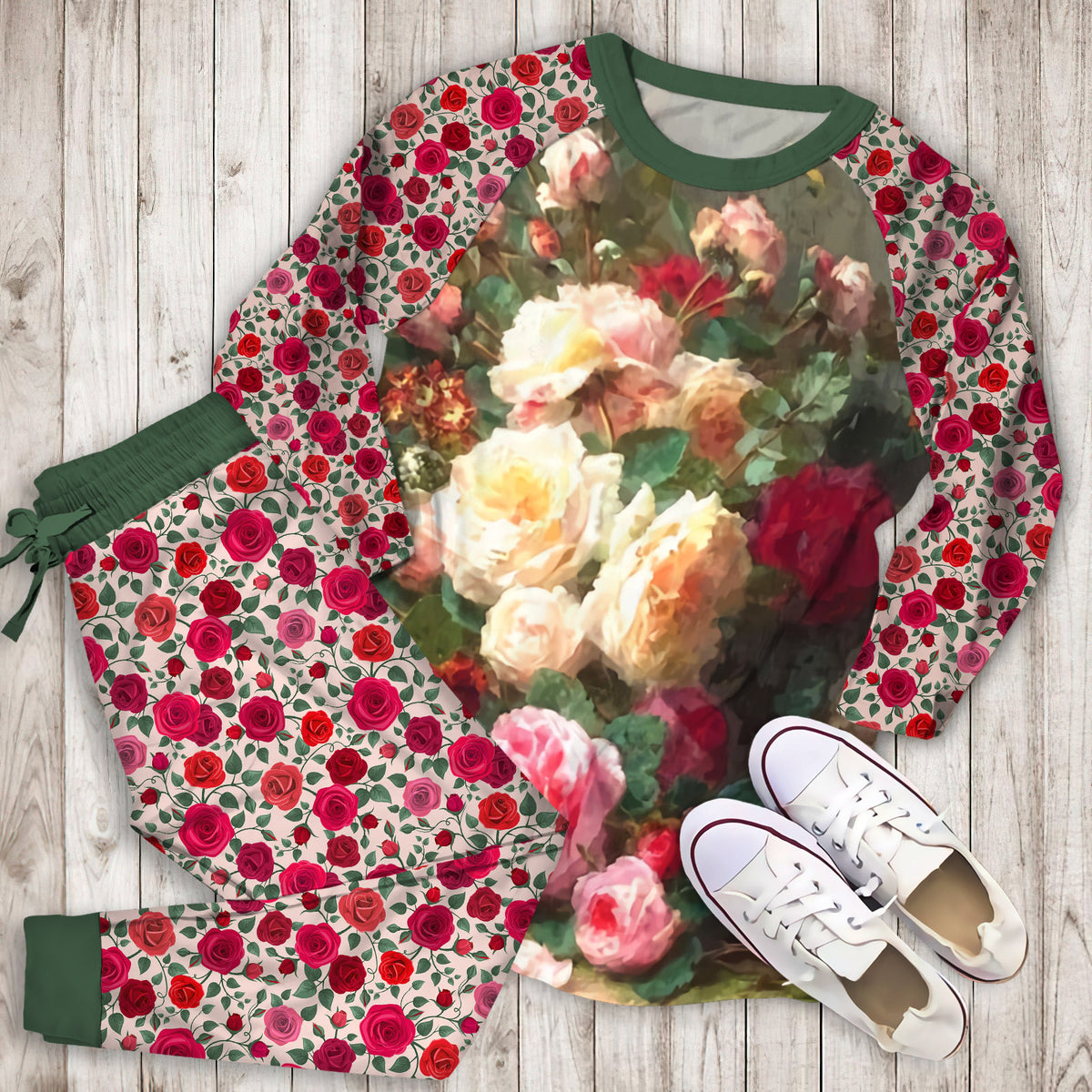 Rose Pajama Set | Pajamas | Cotton Sleepwear Sets | Soft Long Sleeve Pjs | Raglan Shirt and Pants Set