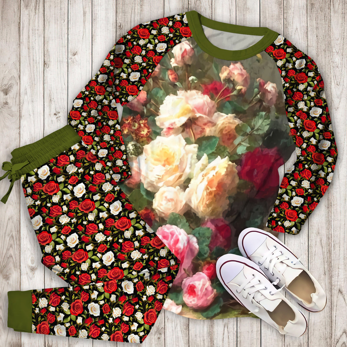 Rose Pajama Set | Pajamas | Cotton Sleepwear Sets | Soft Long Sleeve Pjs | Raglan Shirt and Pants Set