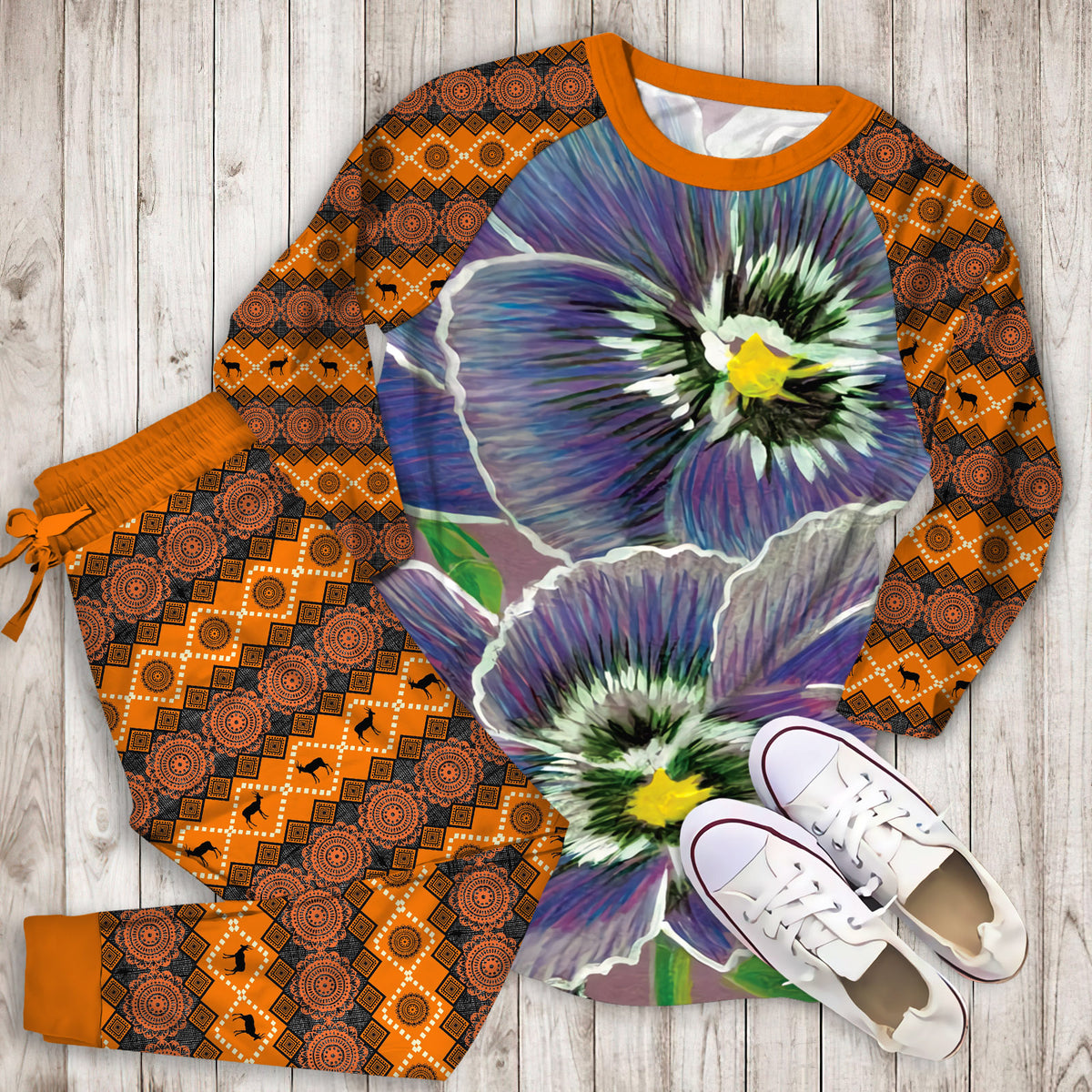 African Violet Pajama Set | Pajamas | Cotton Sleepwear Sets | Soft Long Sleeve Pjs | Raglan Shirt and Pants Set